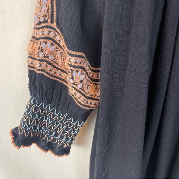 Free People Wind Willow Embroidered Navy Long Sleeve Mini Peasant Dress XS - Picture 8 of 12